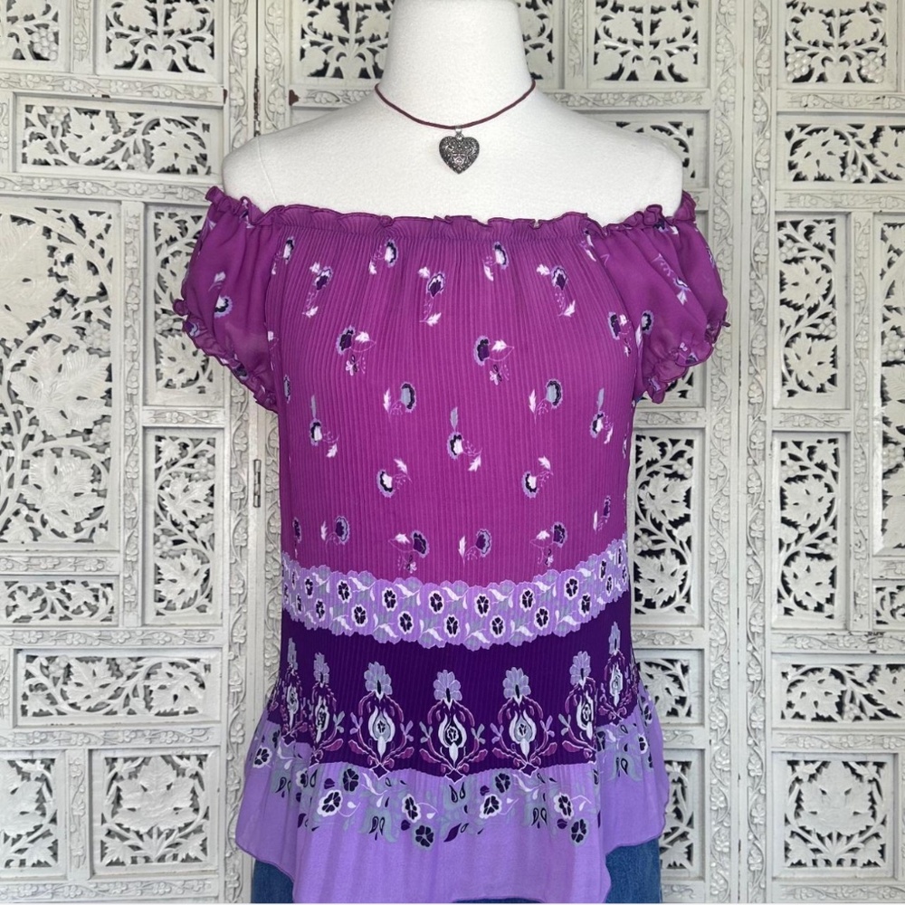 New Directions Purple Crinkle Off The Shoulder Sheer Blouse Sz Large